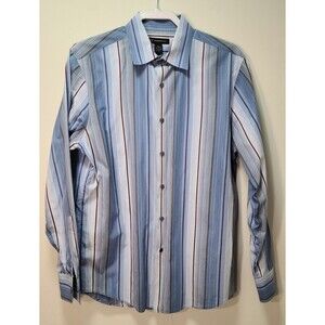 INC Mens Cotton Striped Long Sleeve Button-Down Shirt Blue White Red Size M